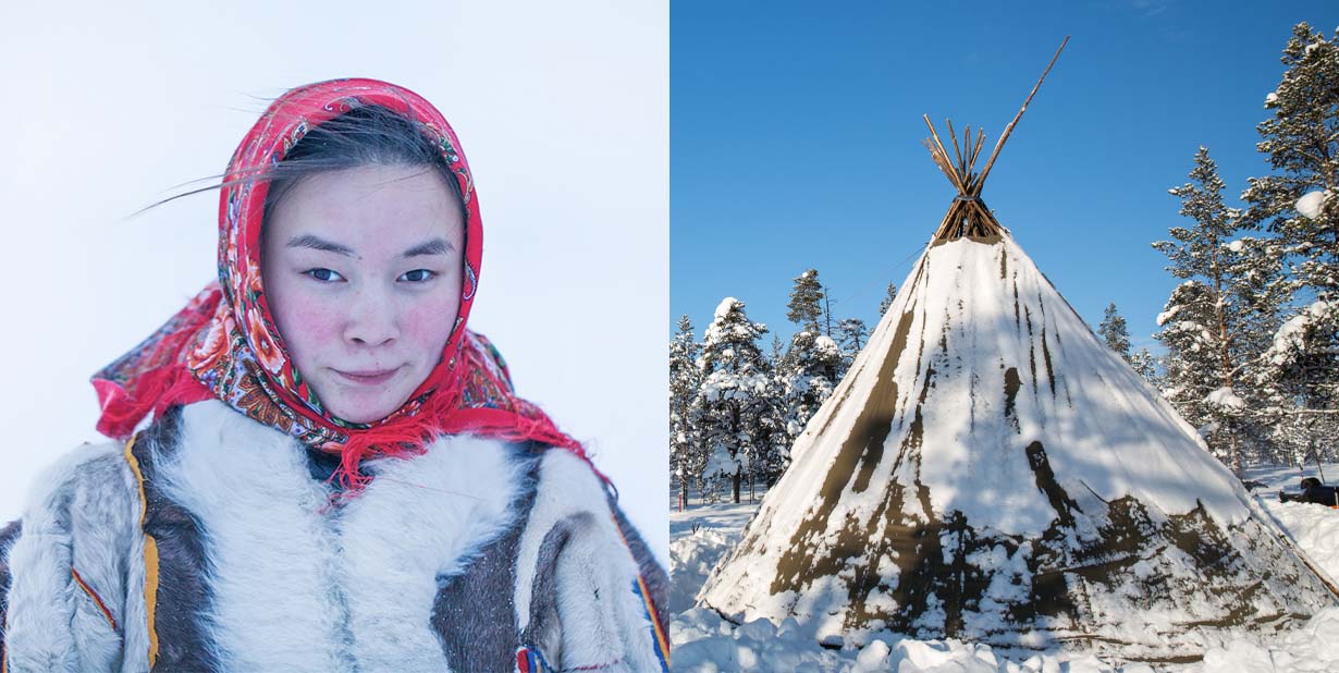 Sami woman and tent split image