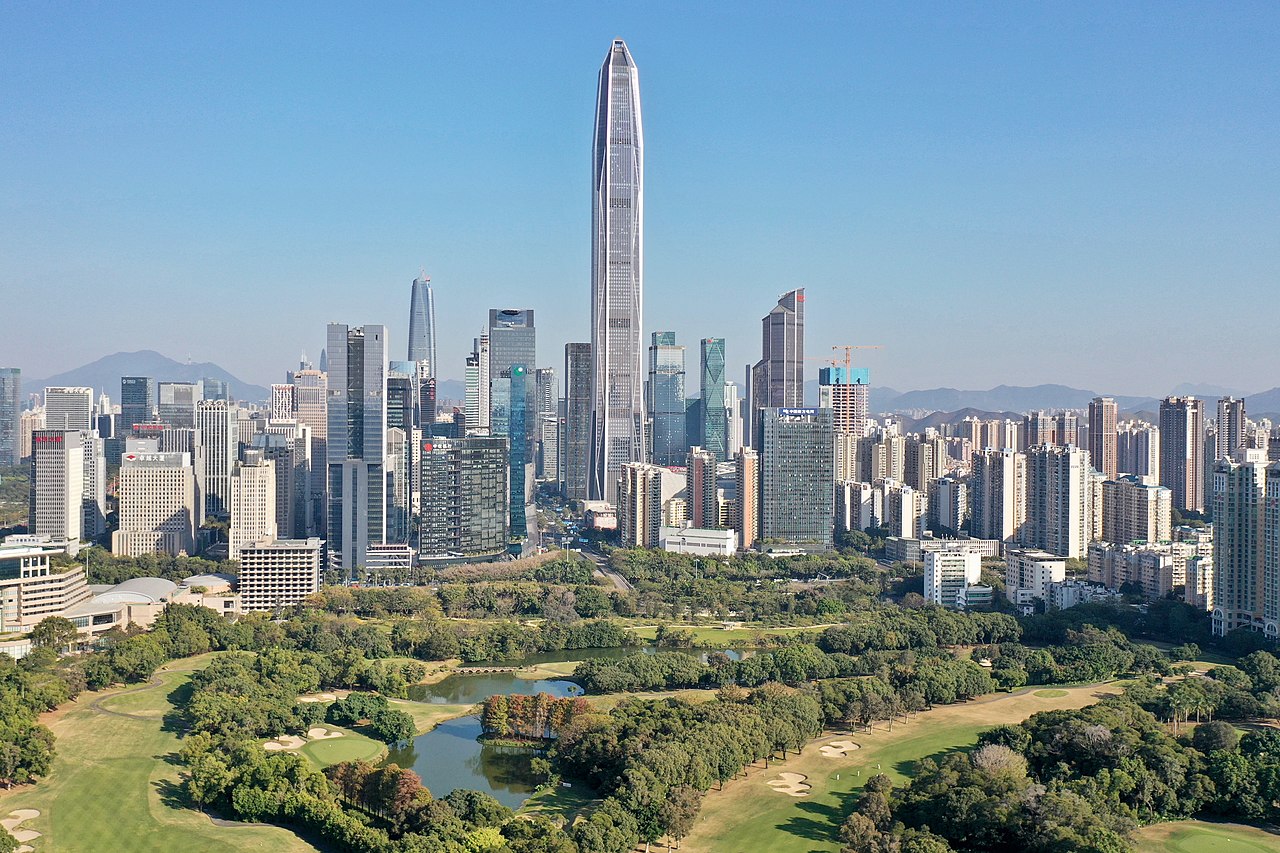 The Futian CBD's skyline looking east from the west. The Ping'an Finance Center which is the tallest building at the background - 2021