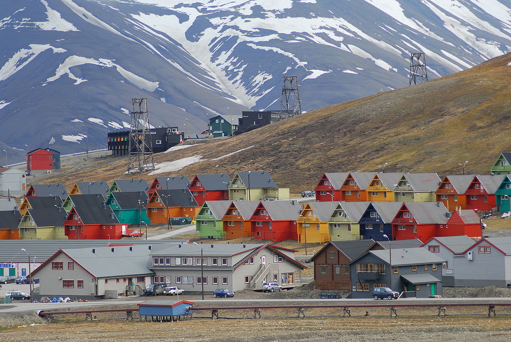 Rows of multicolored homes in the town of Longyearbyen, Svalbard, Norway.