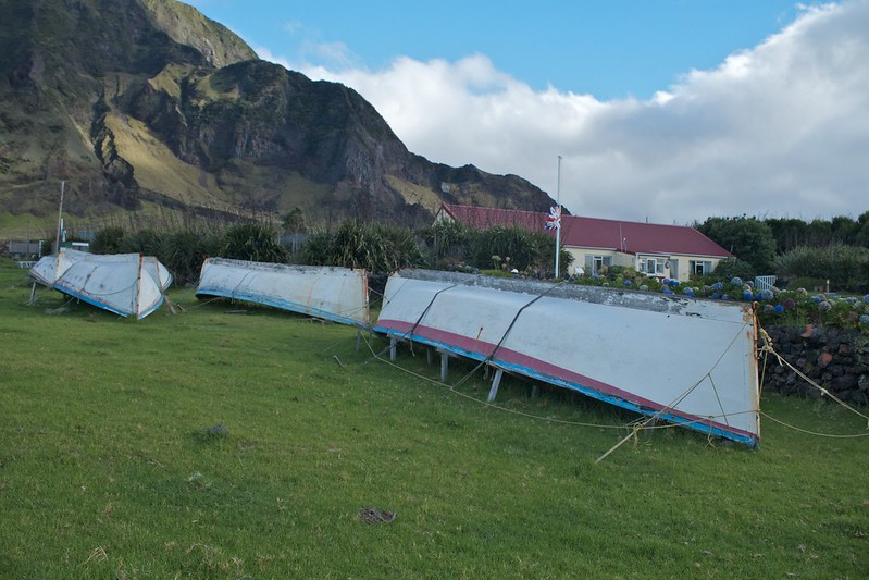 Longboats in front of the administrator's residence, Tristan da Cunha