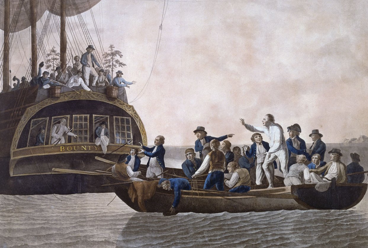 The mutineers turning Bligh and some of the officers and crew adrift from HMS Bounty on 29 April 1789.