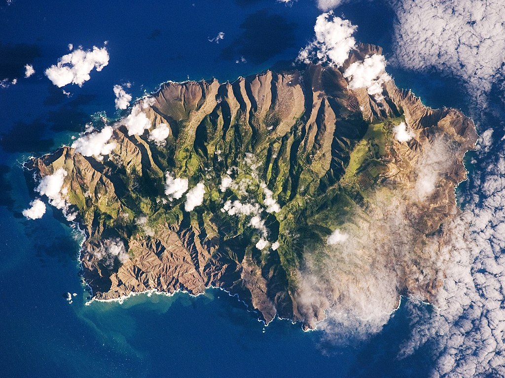 Saint Helena seen from space photo is oriented with north-west towards the top.