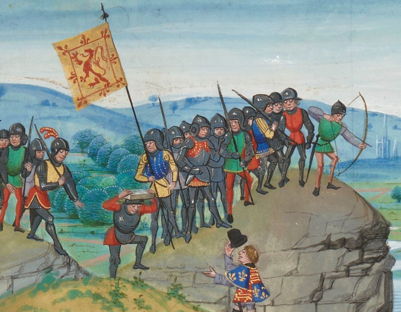 An English herald approaches Scottish soldiers