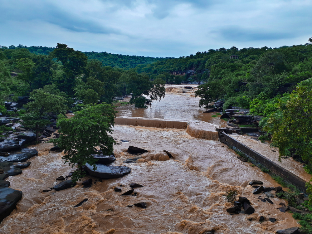 A seasonal waterfall's flow in rainy season in India's uttar pradesh.