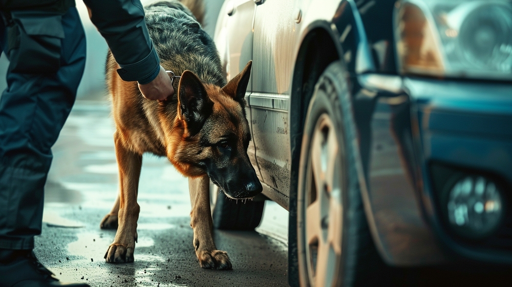 A police German shepherd helps to search a detainee's car
