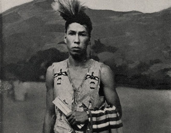 Portrait of a Cherokee Native American man in traditional dres