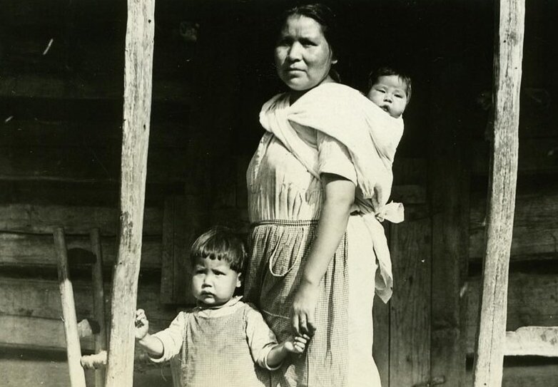 Grayscale Real photo view of a Cherokee woman with two children
