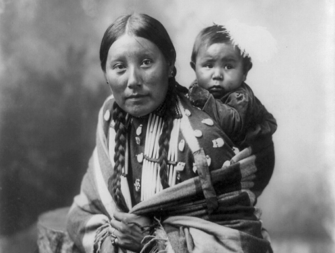 Grayscale Portrait Photo of Native American Woman and a baby
