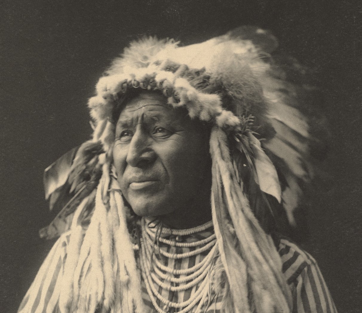 Grayscale Portrait Photo of Native American man in traditional clothing