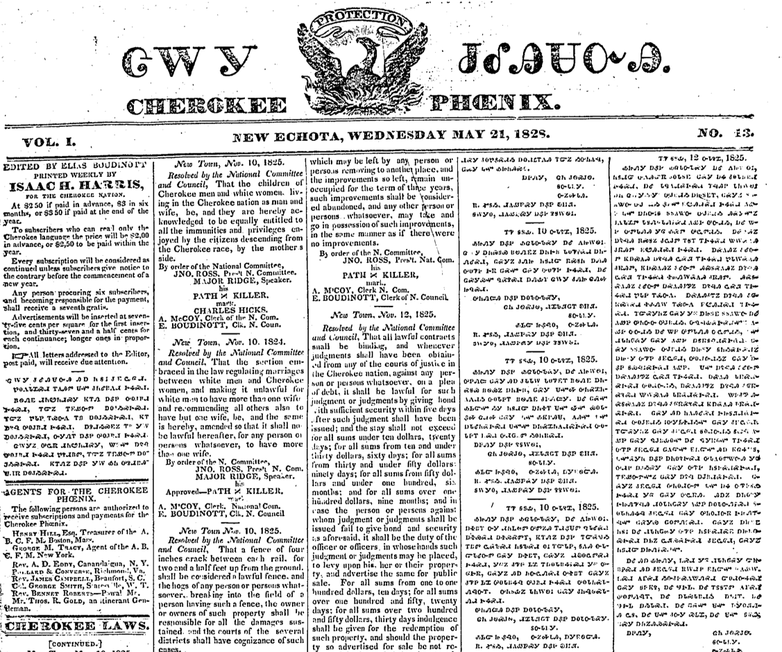 Cherokee Phoenix Newspaper front page May 21, 1828