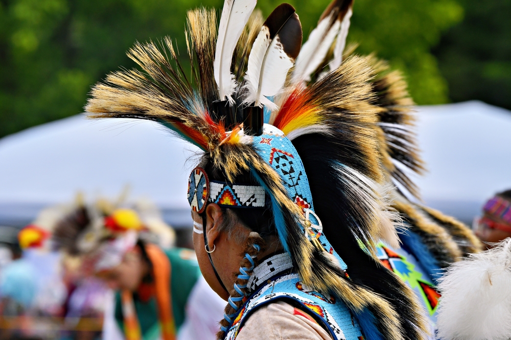 Colorful Native American traditional regalia at a pow-wow in Virginia.
