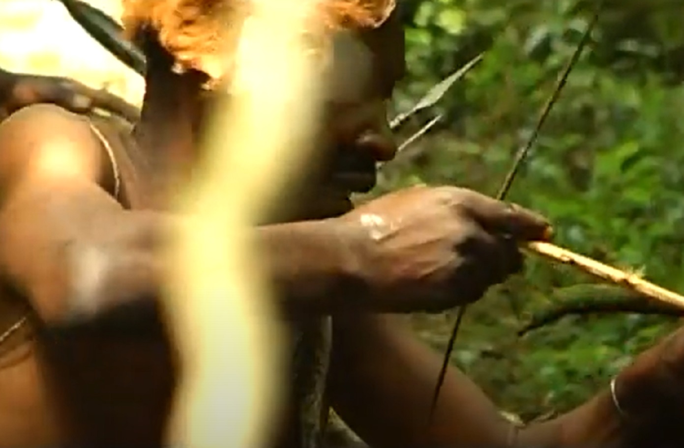 Screenshot of Batwa tribe man hunting - from The Batwa Legacy (2011)
