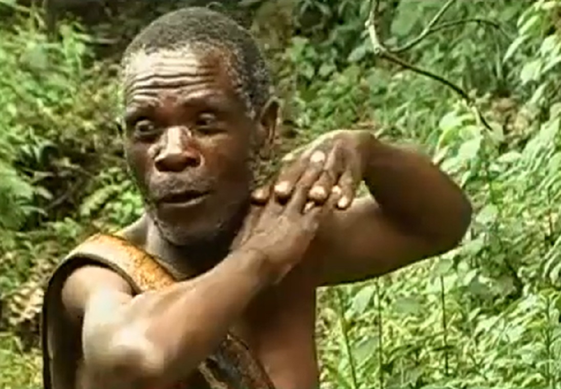Screenshot of Batwa tribe man in the forest - from The Batwa Legacy (2011)