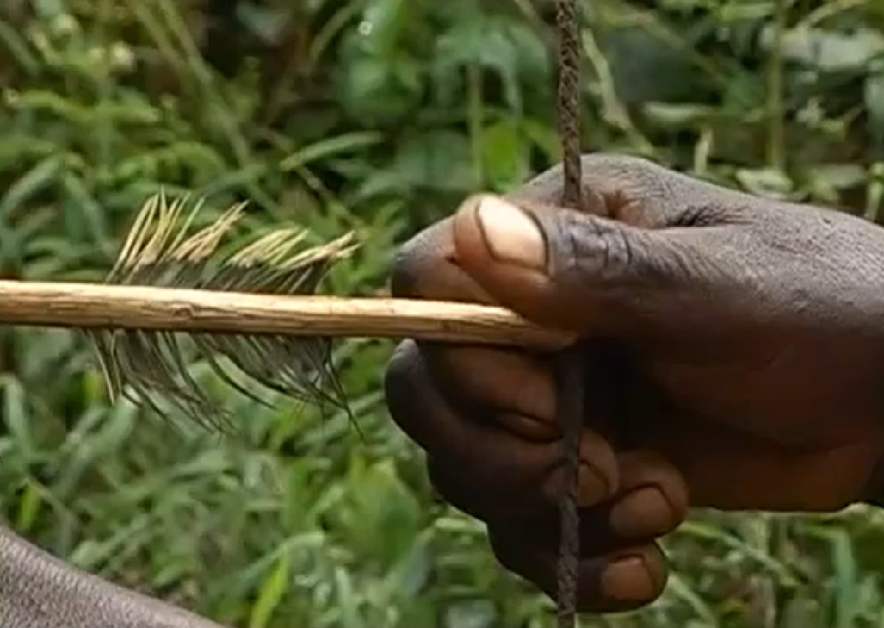 Screenshot of Batwa tribe man holding a bow and arrow - from The Batwa Legacy (2011)