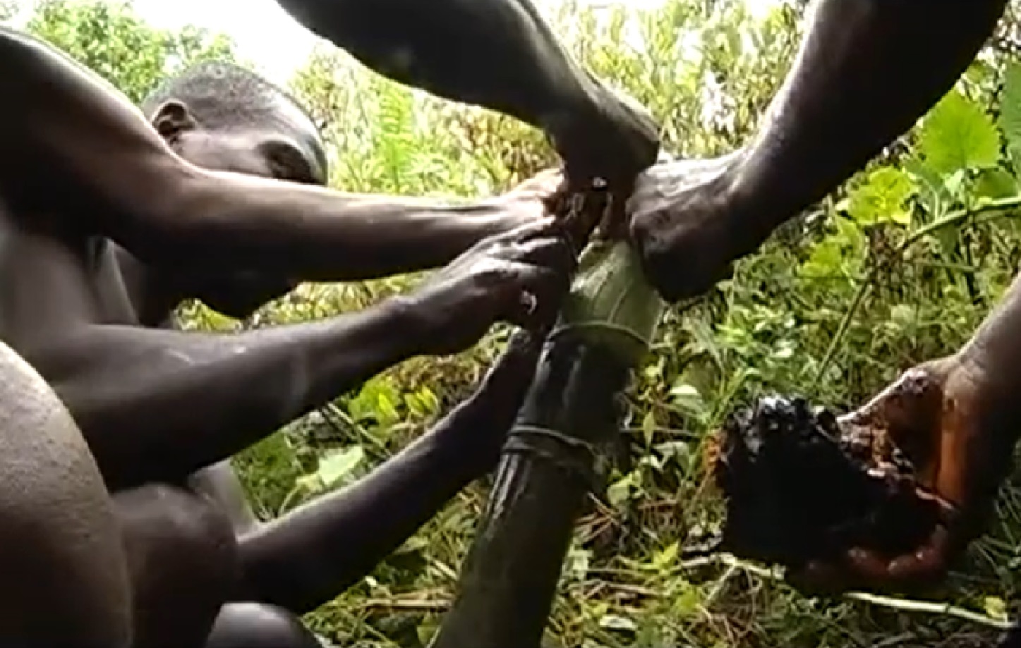 Screenshot of Batwa tribe people taking food - from The Batwa Legacy (2011)