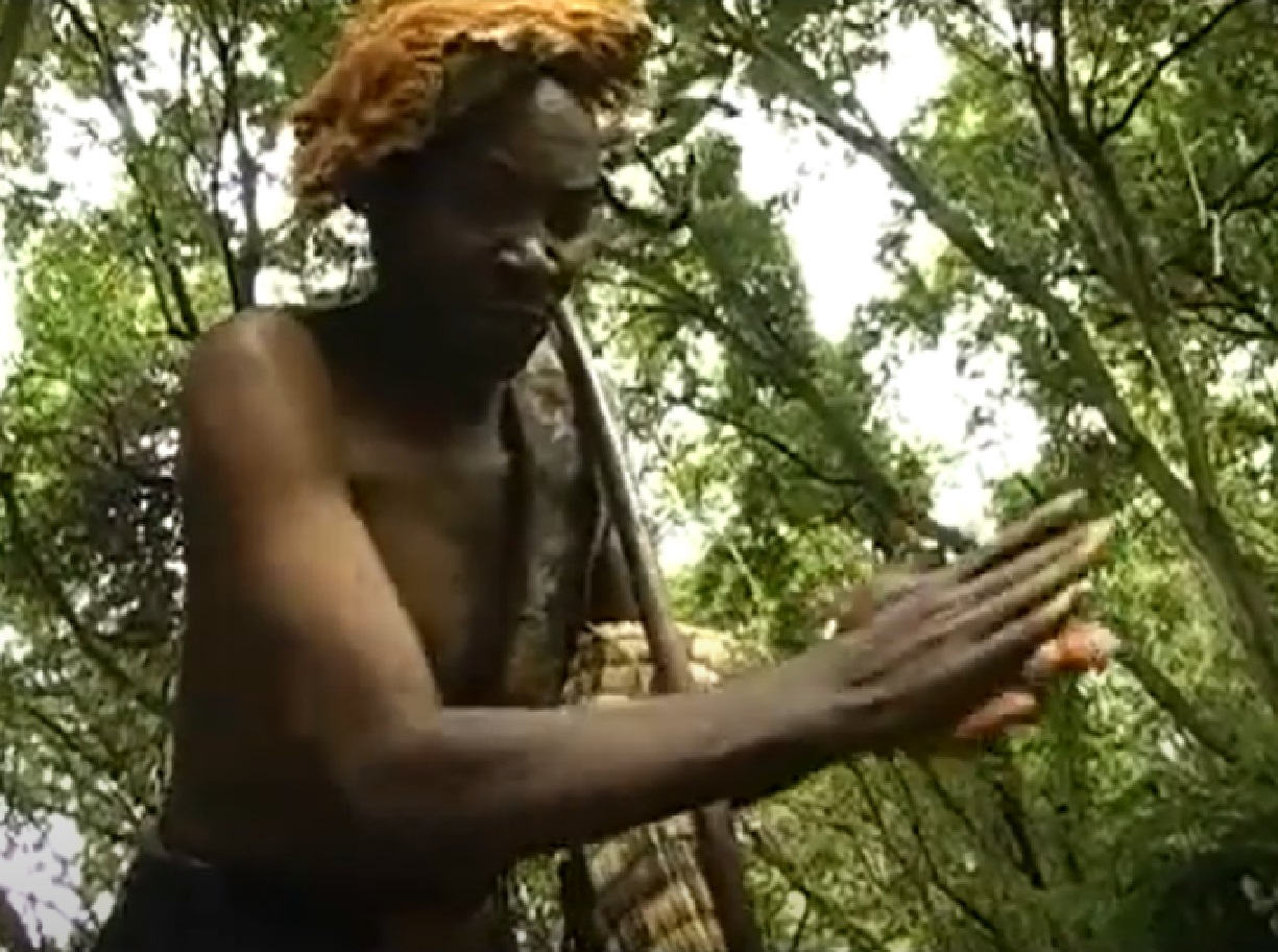 Screenshot of Batwa tribe man in the forest - from The Batwa Legacy (2011)