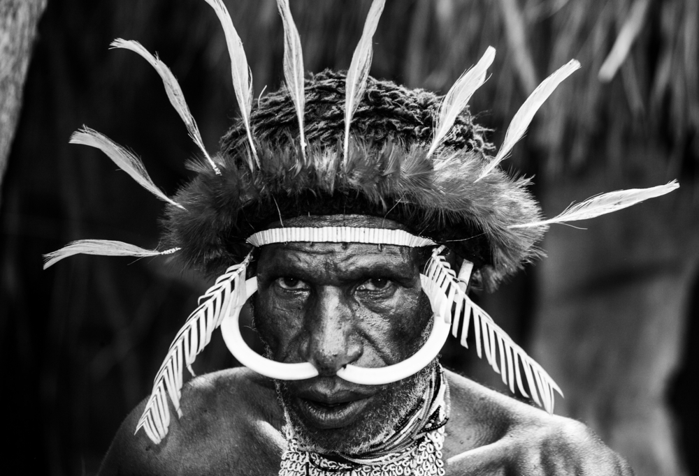 Dani tribe warrior's face in a ritual coloring on his face