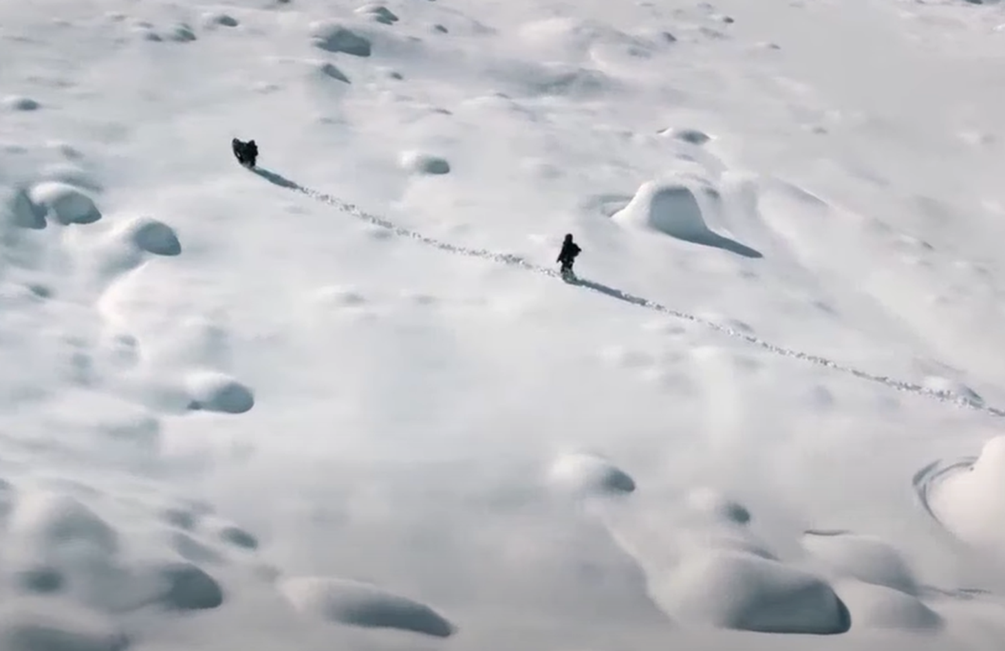 Screenshot of people walking on the snow - from Society of the Snow (2023)