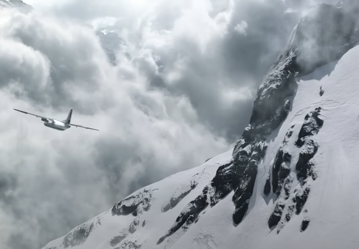 Screenshot of the plane in the air - from Society of the Snow (2023)