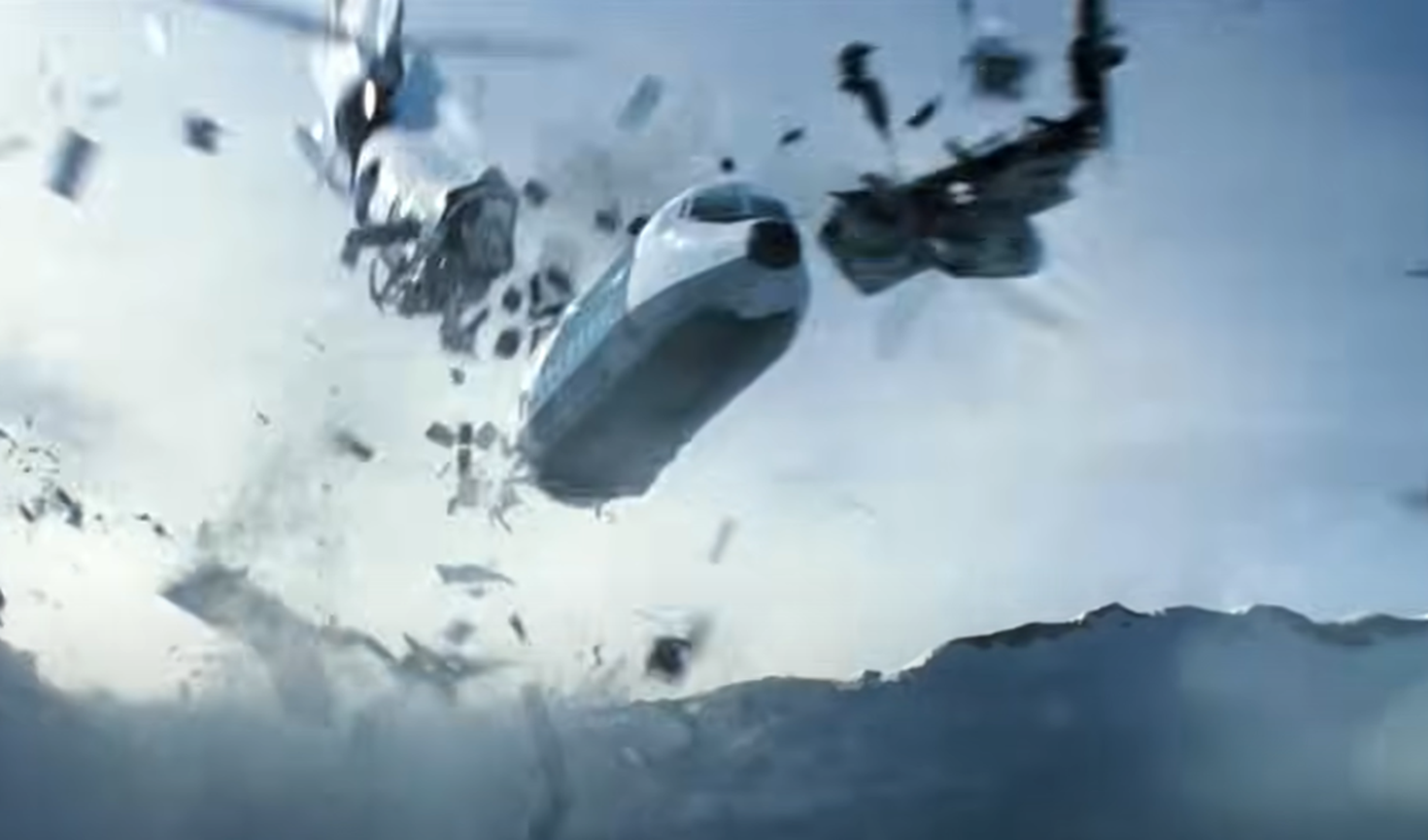 Screenshot of destroyed plane in the air - from Society of the Snow (2023)