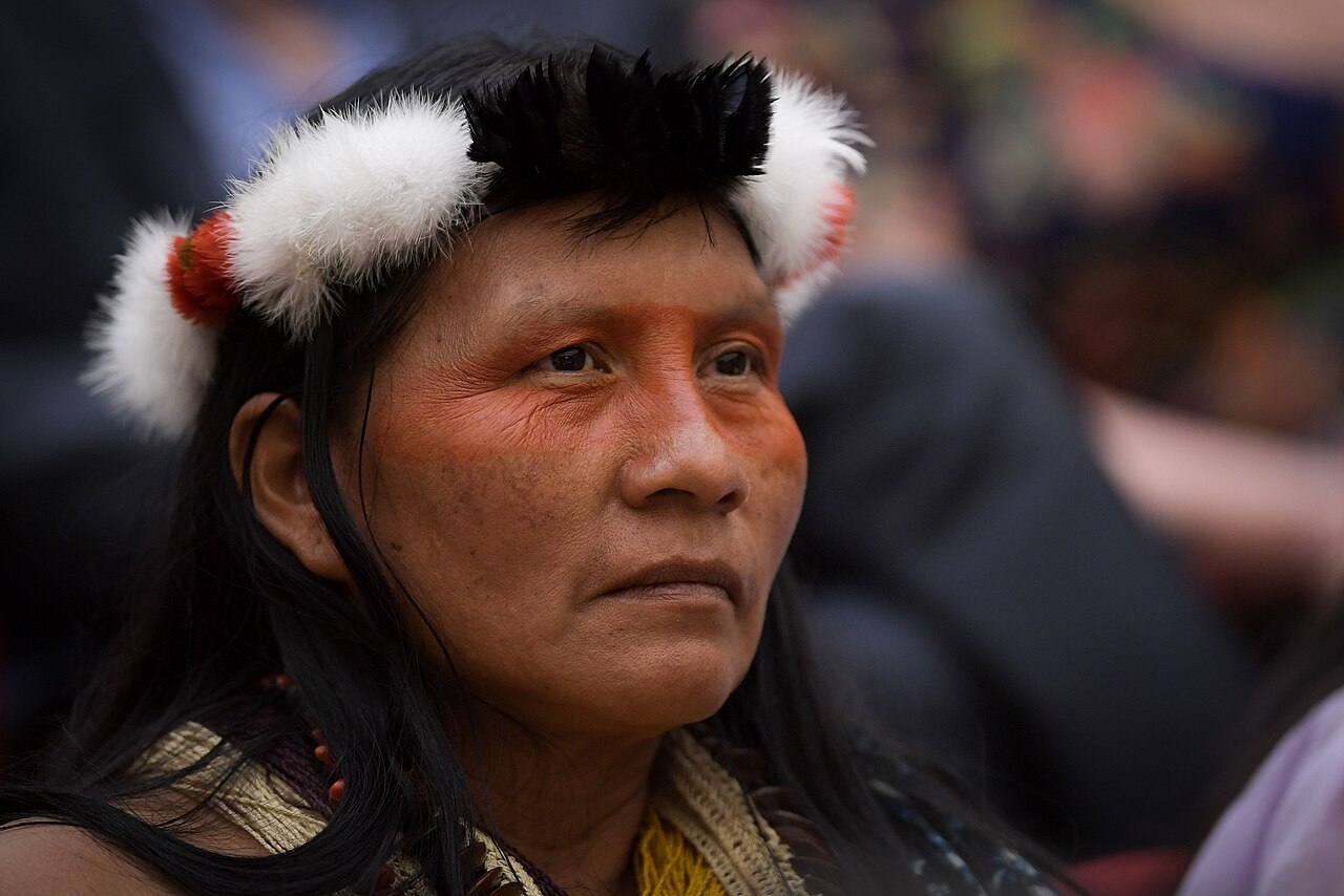 Taromenane tribe member looking at side.