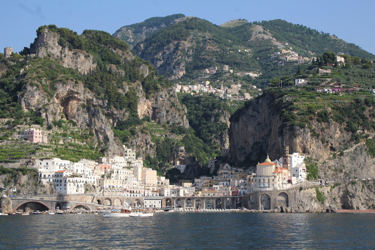 Town under Hill on Amalfi Coast in Italy