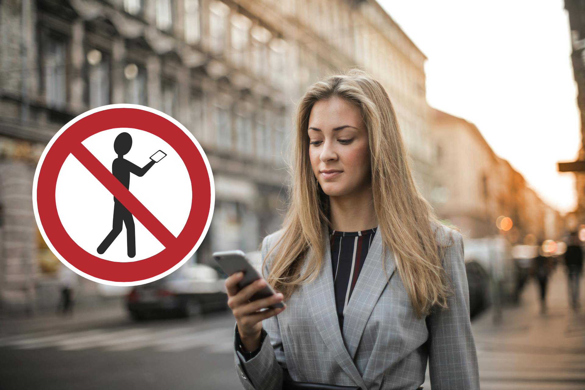 woman in gray blazer texting while walking banned
