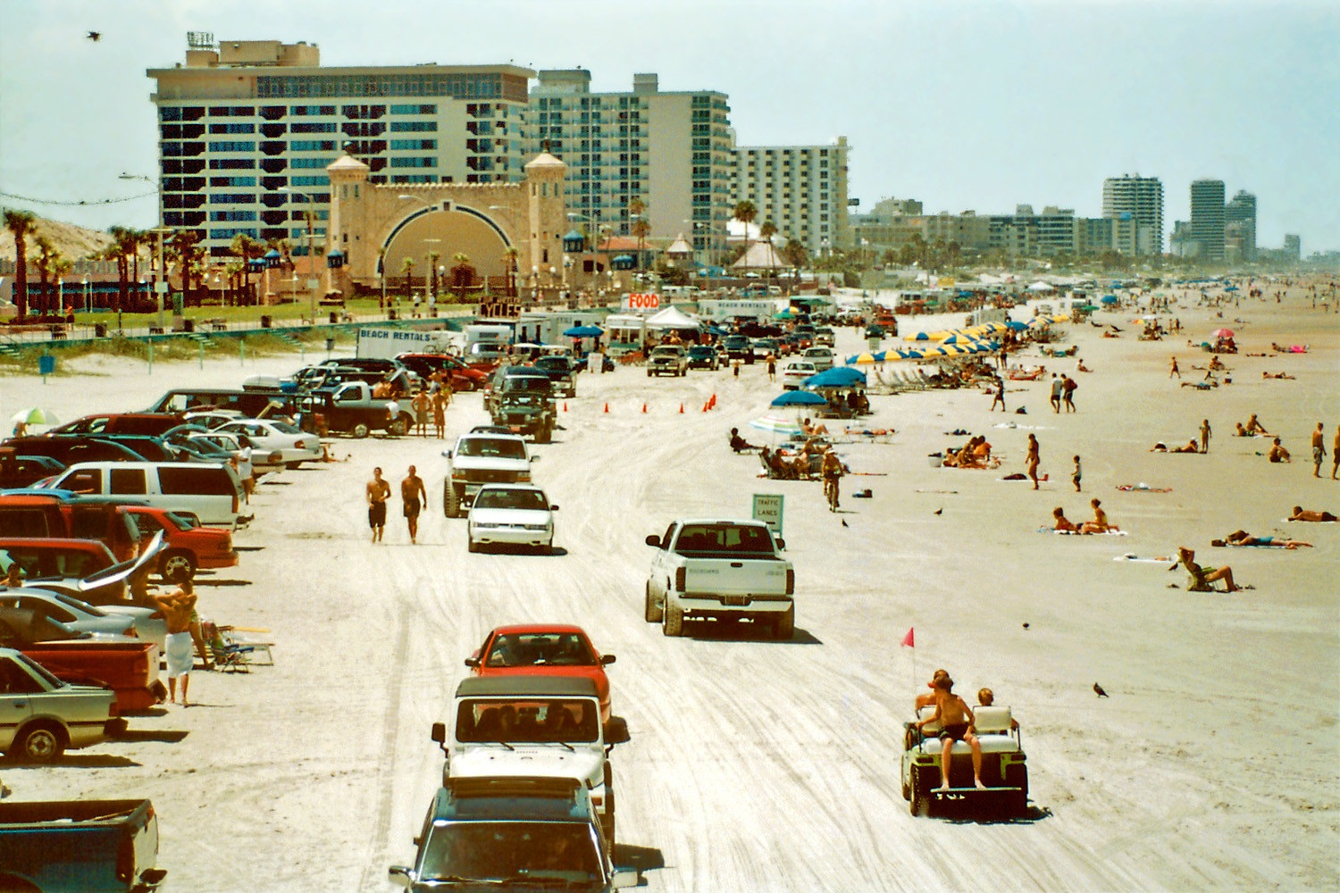 A busy day driving on the sands of Daytona Beach.