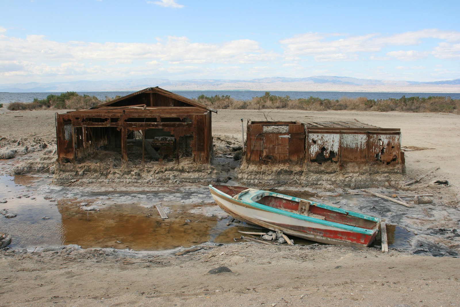 Abandoned buildings and boat at Salton Sea Beach - 2008