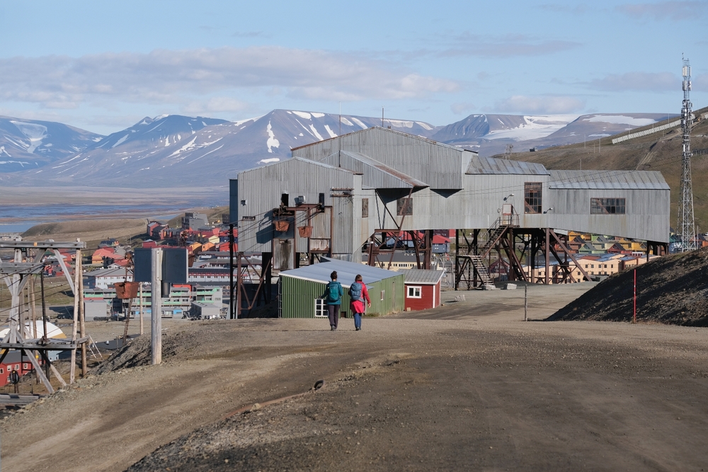 Former coal mine, station of the cableway with coal cars in Longyearbyen