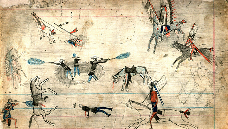 Kiowa ledger art drawing possibly depicting the Buffalo Wallow battle in 1874, a fight between Southern Plains Indians and the U.S. Army during the Red River War.