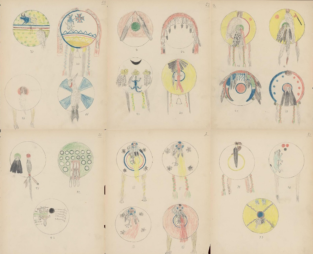 A collection of various Kiowa Indian shield designs from ledger drawings by Silver Horn, 1904.