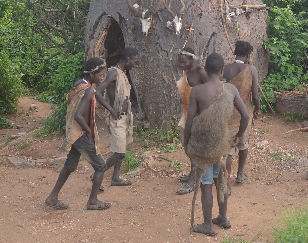 Hadza people outside.