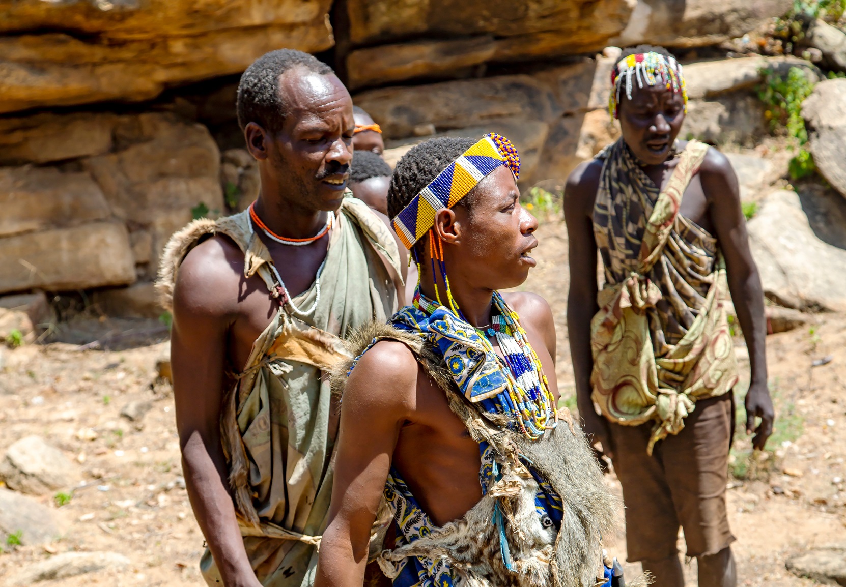 Hazabe bushmans of the hadza tribe dressed in skins baboon.