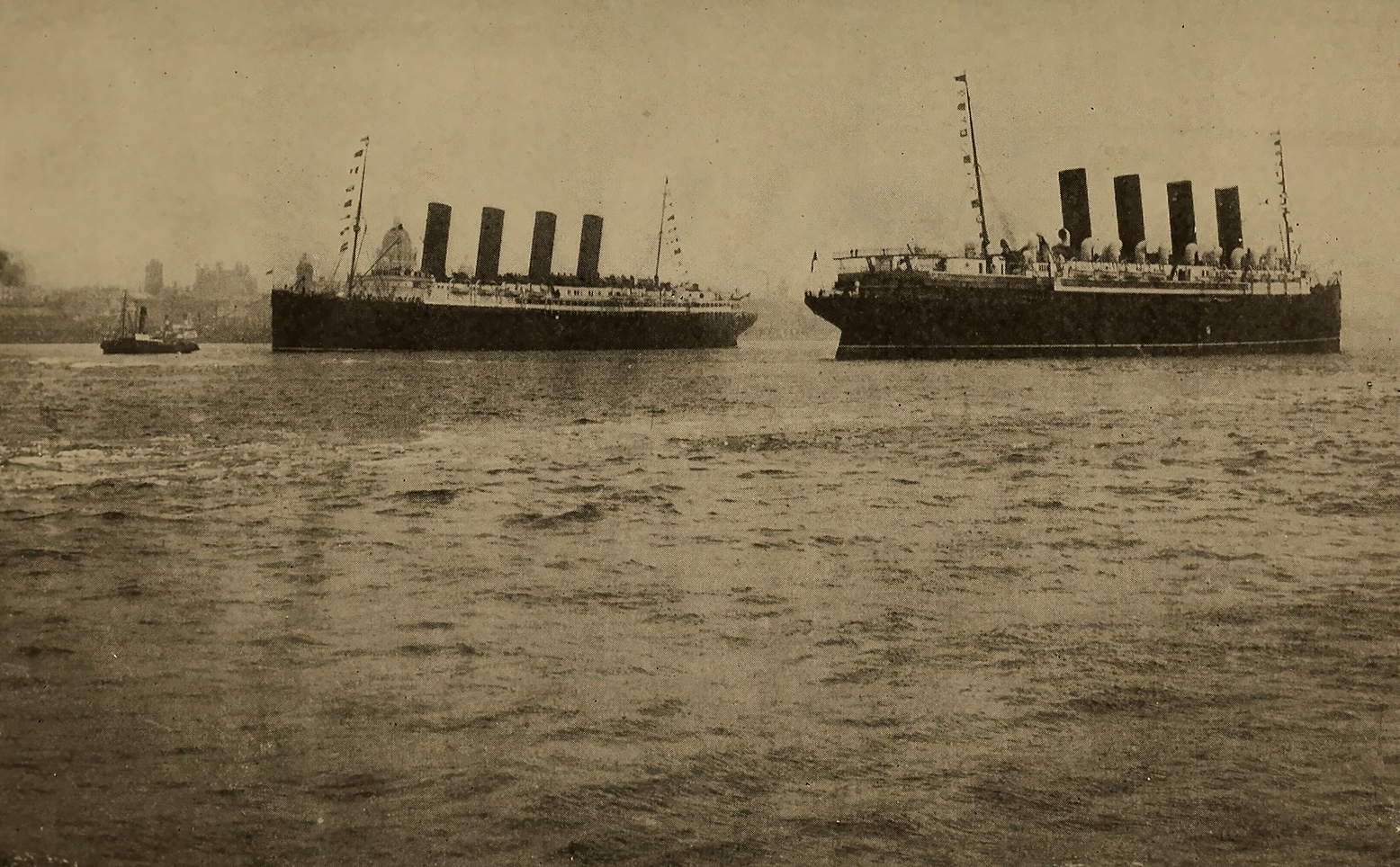 Cunard's ocean liners Lusitania and Mauretania, photographed in 1911.