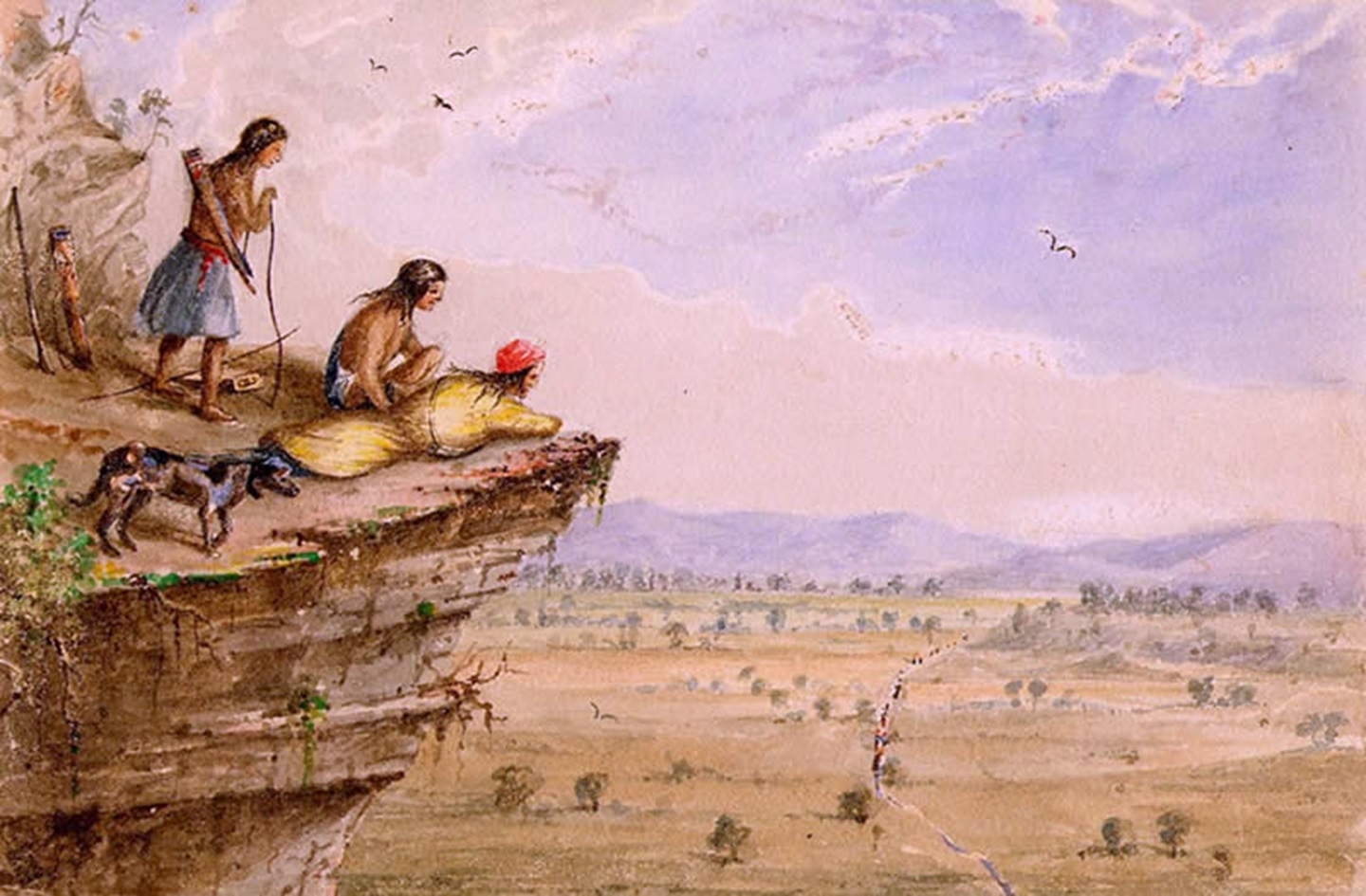 A group of Comanche watch on a caravan travelling through a Trans Pecos valley in West Texas - 1850