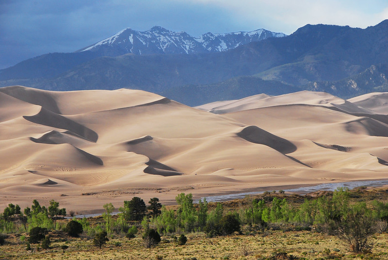 Medano Creek, Dunes, and Cleaveland Peak at the Great Sand Dunes National Park, Colorado, United States