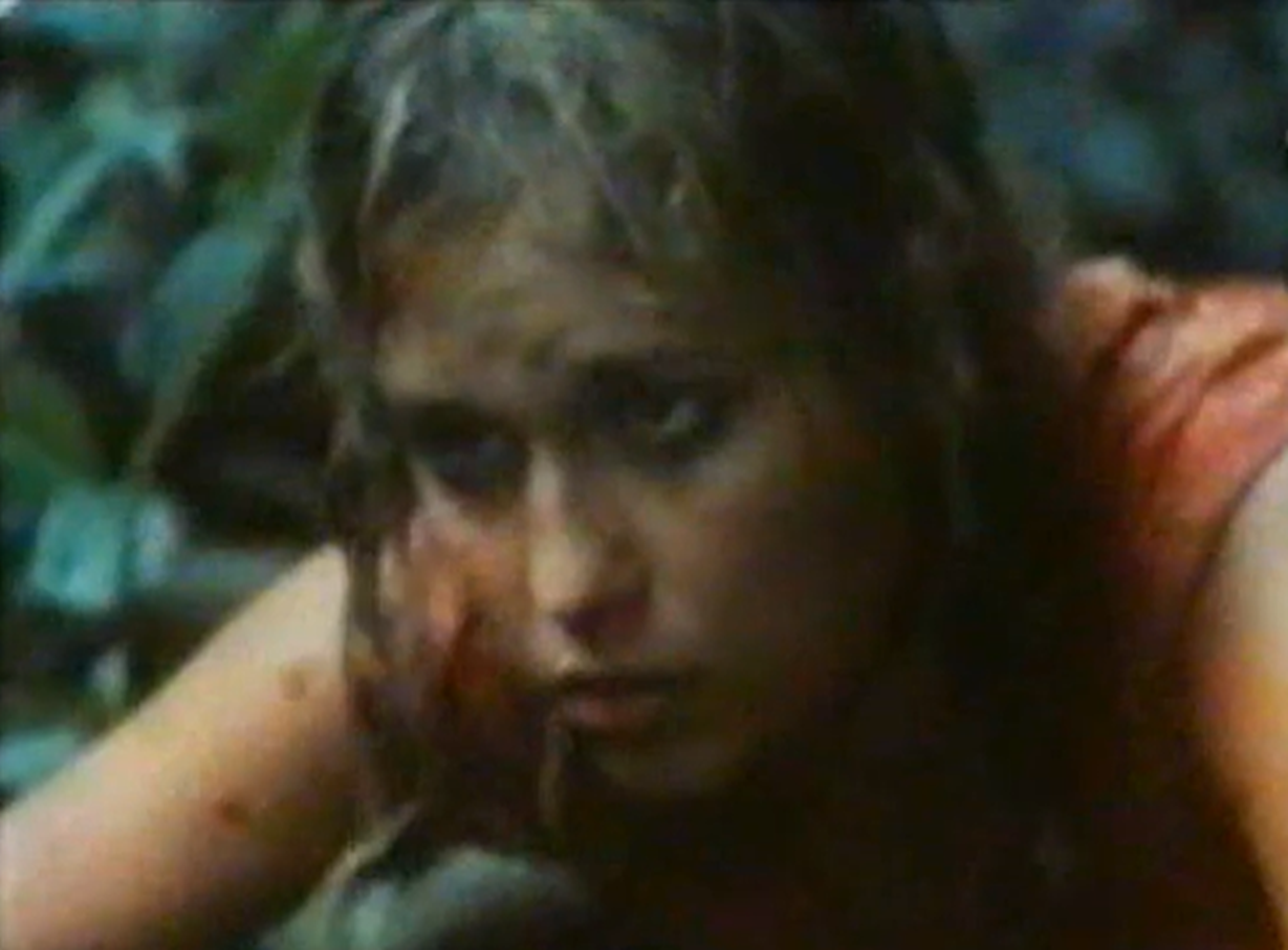 Screenshot of Susan Penhaligon as Juliane Koepcke looking sick - from Miracles Still Happen (1974)