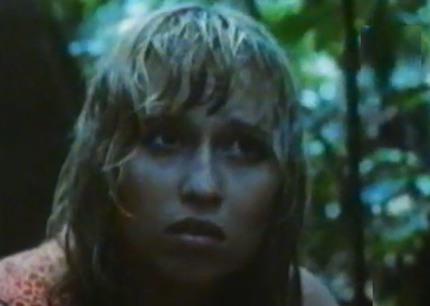Screenshot of Susan Penhaligon as Juliane Koepcke looking sick - from Miracles Still Happen (1974)