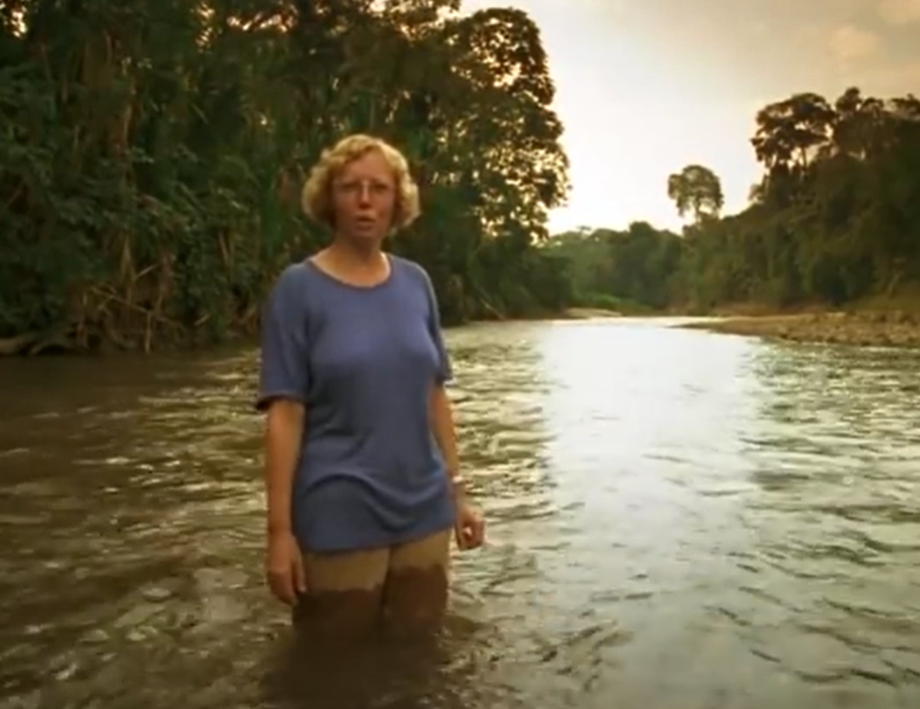 Screenshot of Juliane Koepcke looking at camera - from Julianes Sturz in den Dschungel (1999)