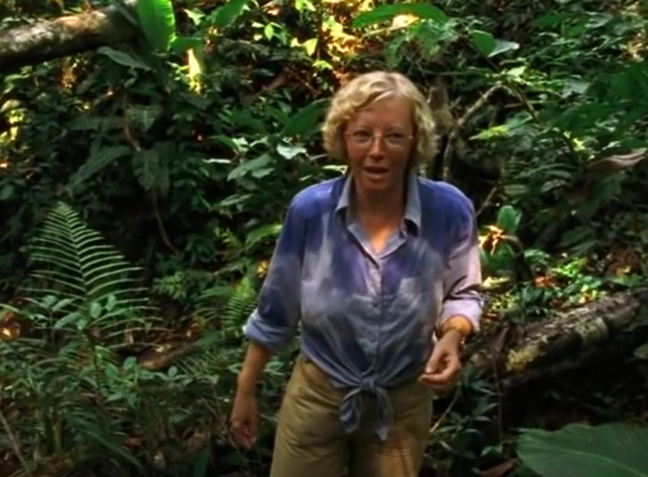 Screenshot of Juliane Koepcke looking at camera - from Julianes Sturz in den Dschungel (1999)