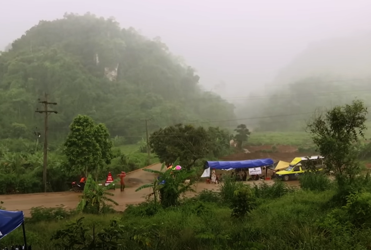 Screenshot of Tham Luang cave entrance - from Thai Cave Rescue (Drain the Oceans) 2019