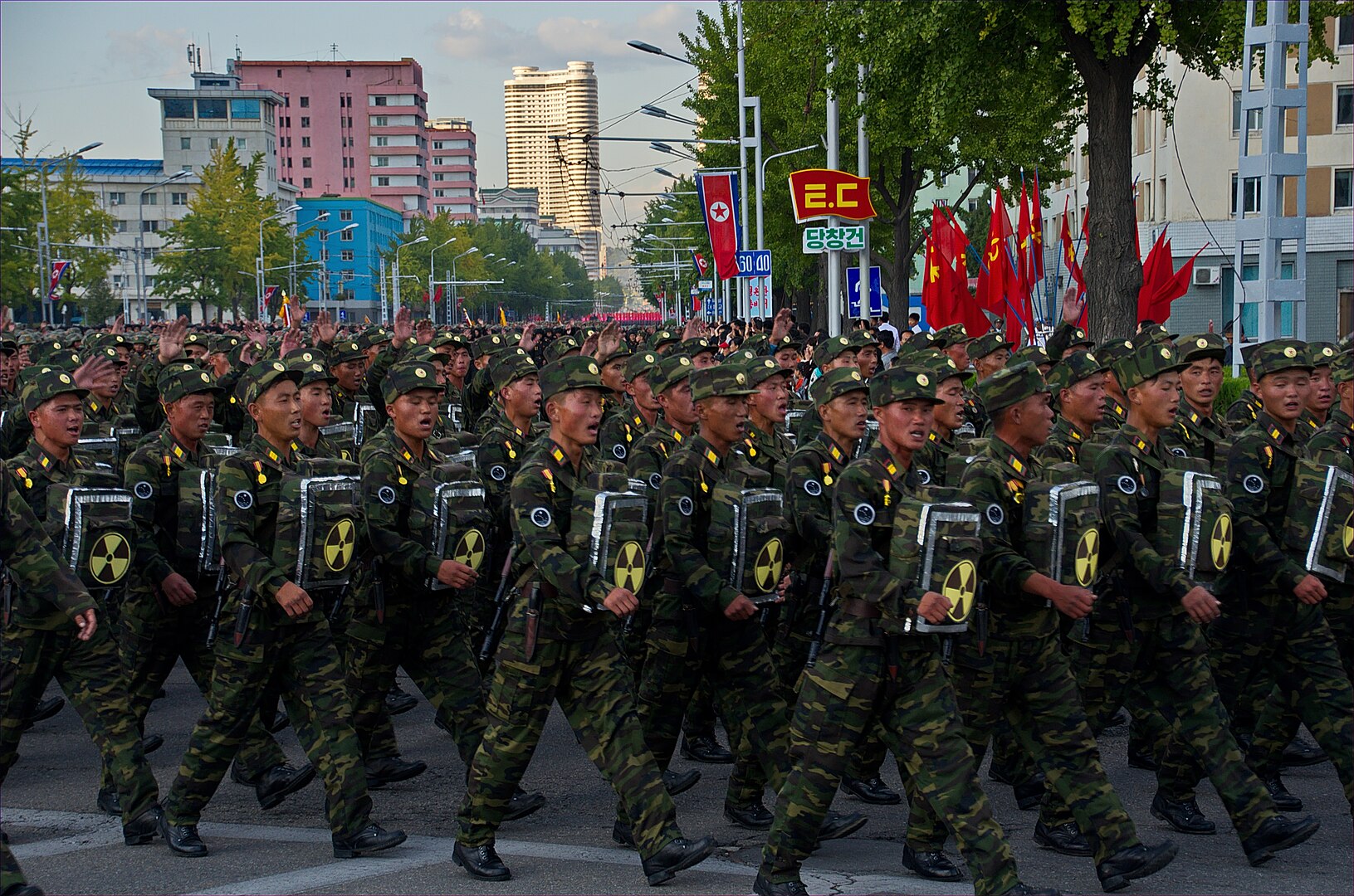Military parade in Pyongyang, 2015 featuring soldiers with CBRN equipment