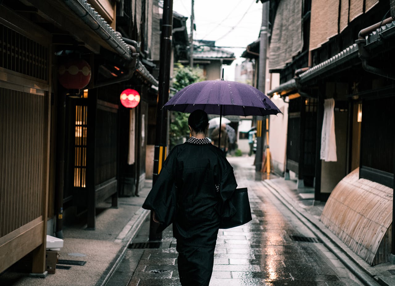 Woman with Purple Umbrella Walking in the Street