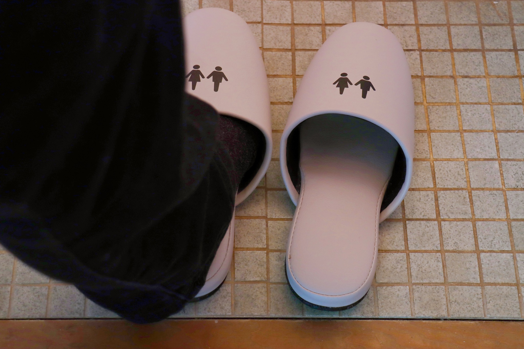 A pair of slippers to be used inside a Japanese toilet room.