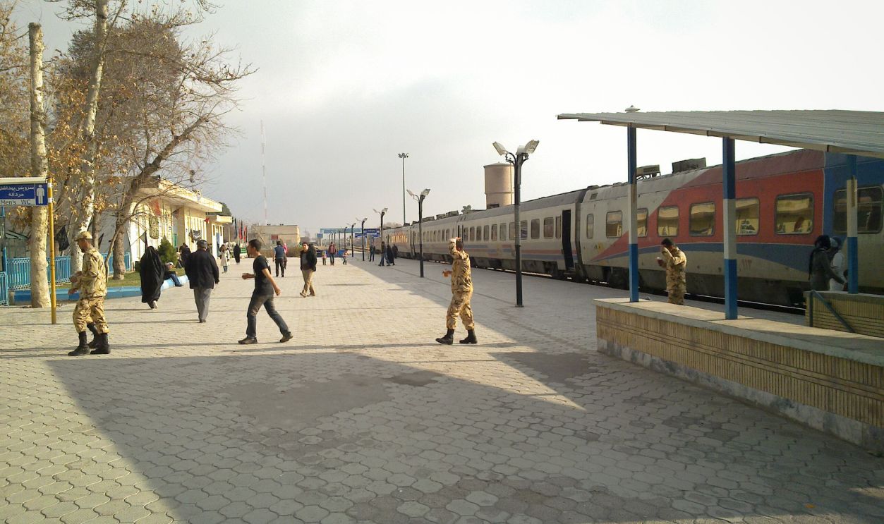 Mashhad, IRAN 05 05 2019:Railway station in Iran with people passing by.
