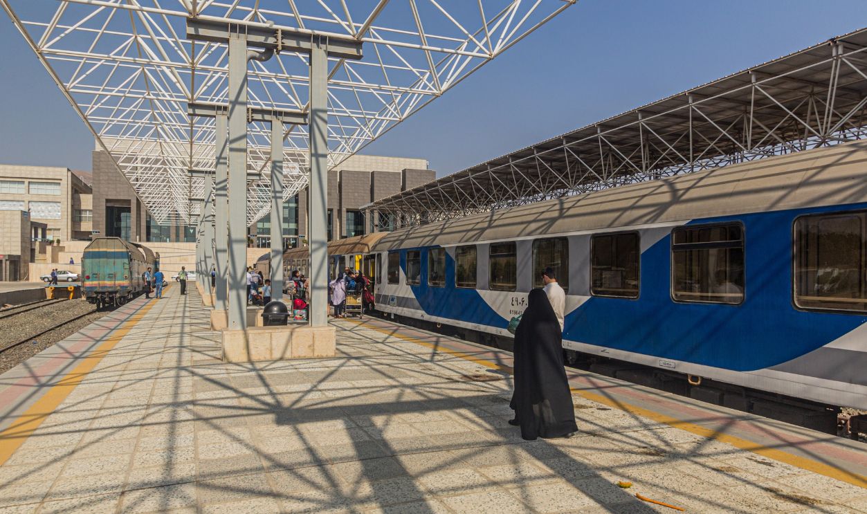 Platform of the railway station in Shiraz, Iran.