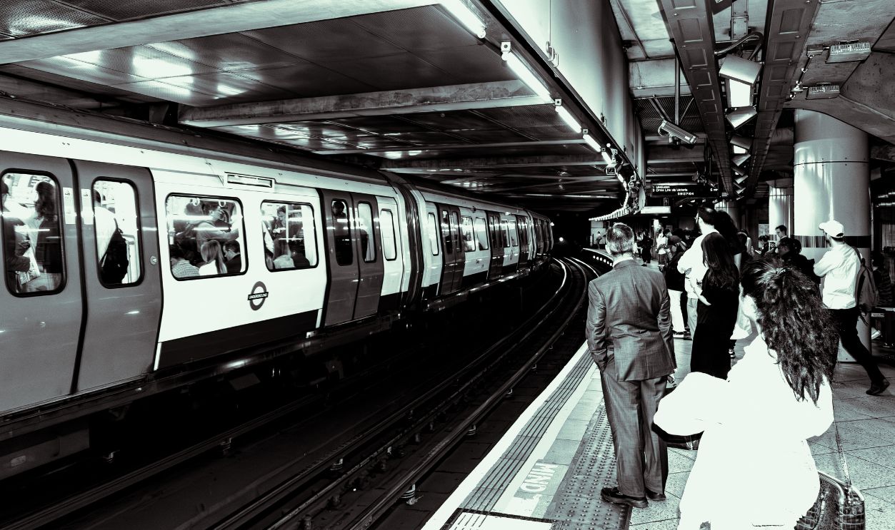 People travelling on a crowded London Underground train carriage. London, UK, July 7, 2024.