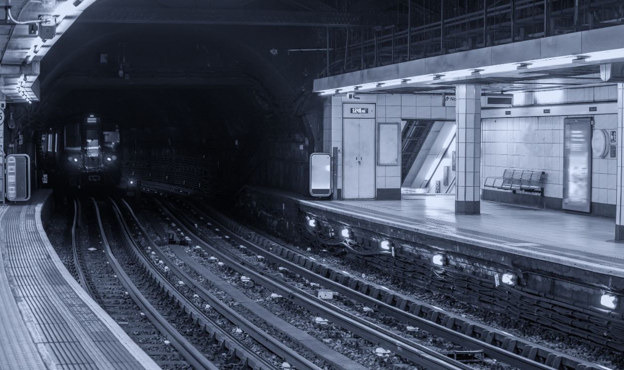 Subway train approaching in the station, London.