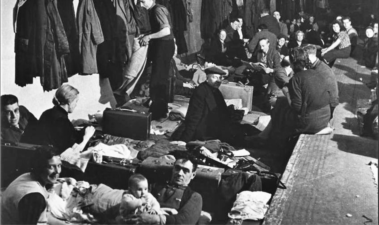 An Air raid shelter in a London Underground station in London during The Blitz.